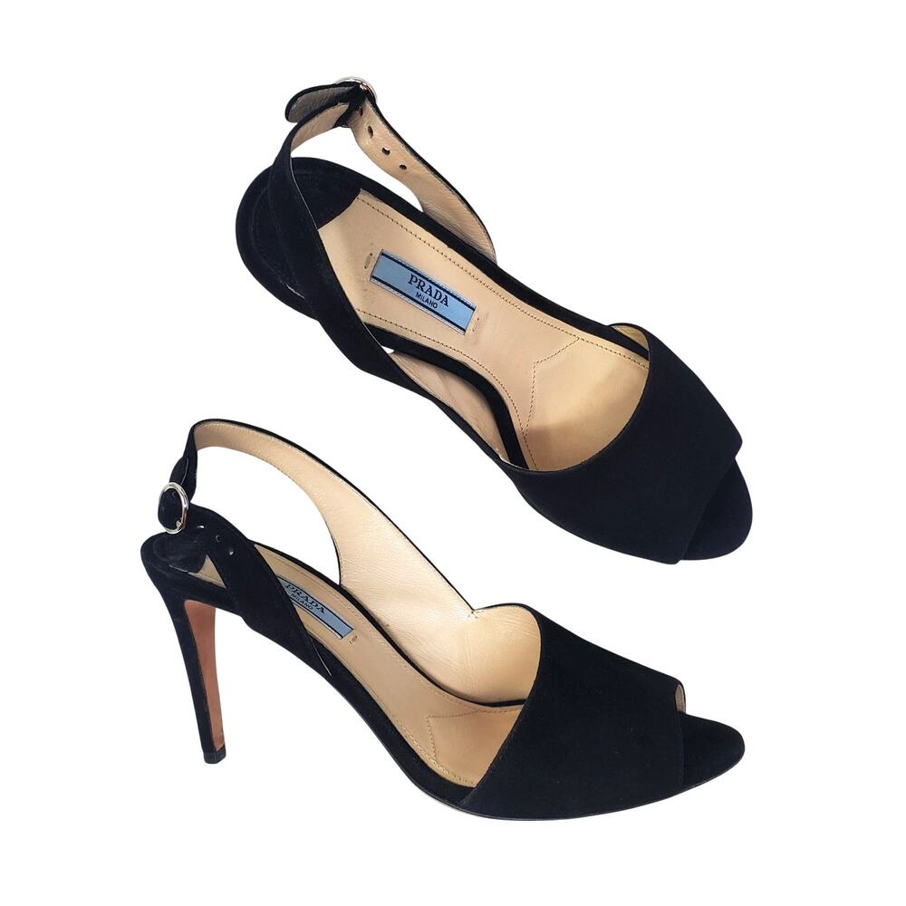 Vintage Y2K Prada Slingback Heels Pumps Black Suede Open Toe Leather 39 US 9